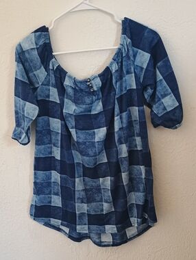 French Laundry Blue Plaid Off-Shoulder Tunic